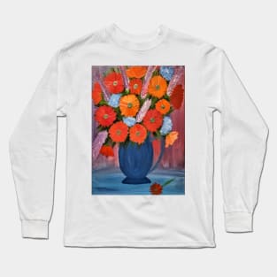 carnations mixed flowers in a blue jug vase Long Sleeve T-Shirt